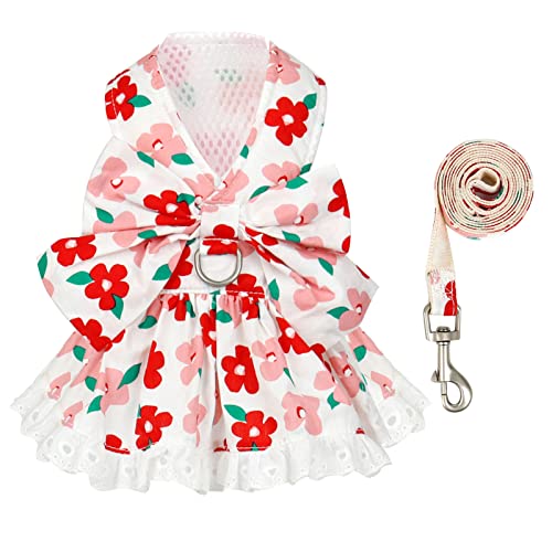 ABRRLO Dog Harness Dress Leash Set for Small Dog Summer Clothes Girl Female Puppy Cats Outfits Cute Floral Bowknot Princess Birthday Dress for Extra Small Pet Doggie Kitten Outfits Apparel(Red,S) - color: Red, size: Small