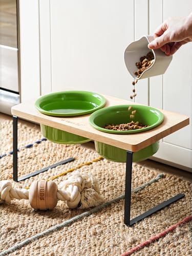Elevated Dog Bowls, Raised Dog Bowl Stand with Two 6.5 inch Ceramic Bowl, Non-Slip Puppy Food and Water Bowls, Dogs Feeder for Small and Medium Breed,Green - color: Green, size: 6.5inch