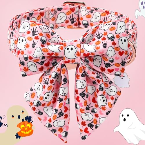 DOGWONG Cotton Fall Dog Collar, Pink Halloween Dog Collar with Bow Cute Pink Pumpkin Girl Dog Collars Puppy Necklace for Female Small Medium Large Dogs - color: ghost Pumpkin, size: XS