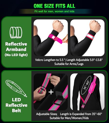 Ylzzrs LED Belt Reflective Sash for Walking at Night,High Visibility Adjustable Night Running Safety Gear,Light Up Running Belt Reflective Gear with Phone Bag/Armband for Runners Walkers Men Women - color: Pink
