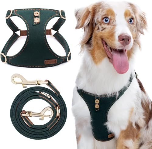 Dog Harness, No Pull Dogs Harness and Multi-Function Leash Set for Medium Dogs Easy Walk Everyday Adjustable Soft Dog Vest Harness Fashionable Dog Accessories Denim Vintage Green-Button-M(17lb-35lb) - color: Button-Vintage Green, size: M