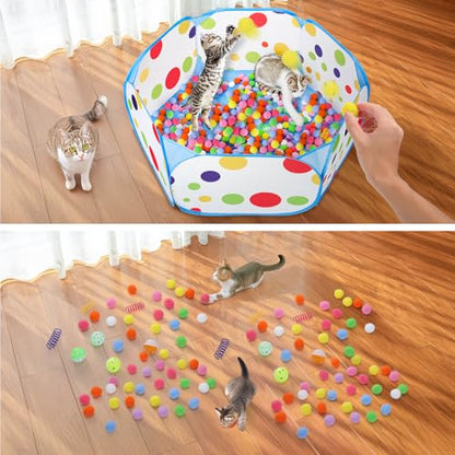 Palksky Ball Pit with 210 Toy Balls and 4 Spring Toys - Interactive Cat Toys for Bored Indoor Cats Self Play, Enrichment Toy for Fun and Exercise - style: Cat Toys ( without Ball Launcher )