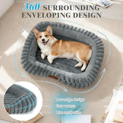 Cute Washable Dog Bed for Small Dogs -Soft Plush Calming Puppy & Cat Bed with Anti-Slip Bottom, Rectangle Anti-Anxiety Puppy Kennel Bed with Handle, 25" x 21" x 4",Grey - color: Warm Gray, size: 25"L x 21"W x 4"Th
