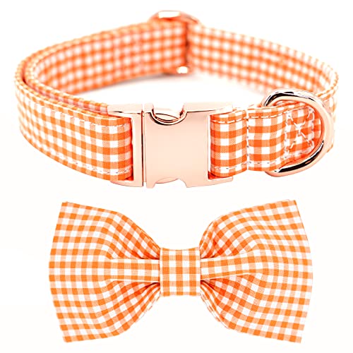 Tunkoo Dog Collar with Bow Tie Elegant Plaid Soft Comfy Cotton Adjustable Collar Premium Metal Buckle,Small Medium Large Puppy Cat Outdoor Training Walking Running（Orange Grid，S） - color: Orange Plaid Collar, size: Small
