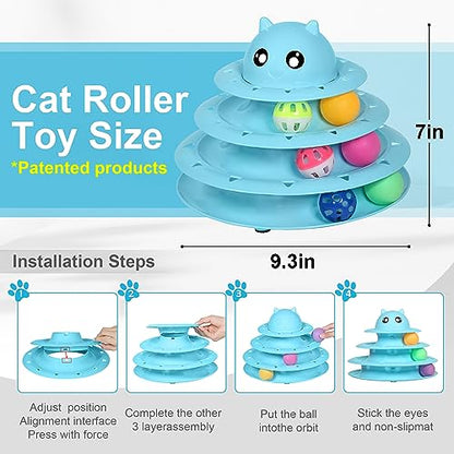 UPSKY 24 PCS Cat Toys, 3-Level Turntable Kitten Toys Set, Interactive Cat Roller Toys for Indoor Cats, Catnip Toys, Cat Teaser Toys, Mice Toys, Spring Toys, Various Ball Toys for Kitty - color: D-24PCS-Blue