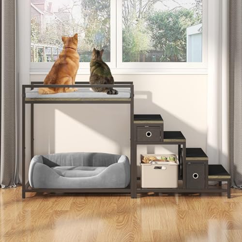 Saudism Pet Bunk Bed with Removable Stairs and 2 Drawers, Dogs/Cats Window Perch, Dog Window Seat with Soft Cushion, Ultra-Shallow Steps, Sturdy Metal Frame, Non-Slip, Load Capacity 60 LBS - color: Grey