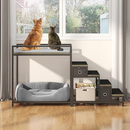 Saudism Pet Bunk Bed with Removable Stairs and 2 Drawers, Dogs/Cats Window Perch, Dog Window Seat with Soft Cushion, Ultra-Shallow Steps, Sturdy Metal Frame, Non-Slip, Load Capacity 60 LBS - color: Grey