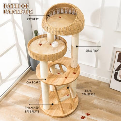 Big Modern Design Cat Tree Tower, Cat Tower Sisal-Covered Scratching Posts for Indoor Cats, Natural Oak Wood Cat Tree for Large Cats, Multi-Level Cat Condo with Sisal Staircase - color: DC999