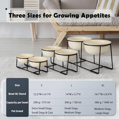 Ceramic Elevated Dog Bowl Set - Raised Double Feeding Bowls with Metal Stand - Pet Dishes for Medium and Large Dogs - 5.8 Cups - 47.3 fl oz - Beige - color: Beige, size: XL-800ml