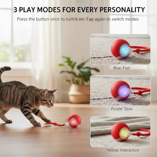 Interactive Cat Toys Ball for Cats - Upgrade Automatic Cat Toys for Indoor Cats, Chirping Cat Toy, 3 Modes 2 Speed Moving Cat Ball with Dragonfly Feathers 2PCS (Red Blue) - color: RedBlue-3