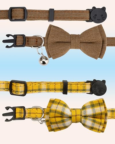 Cat Collar Breakaway Bowtie Safety with Bell Adjustbale Kitten Puppy Solid Plaid Color Set D-[2pcs] Brown - color: D-[2pcs] Brown