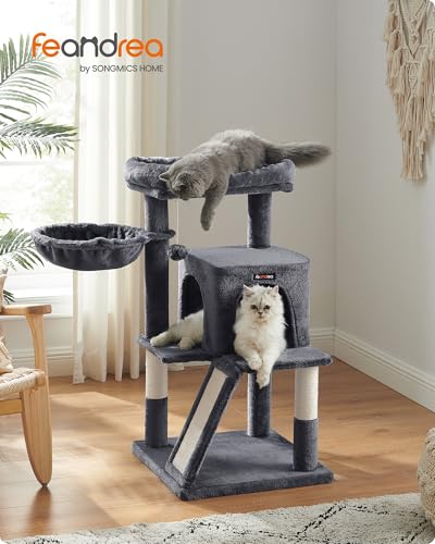 Feandrea Cat Tree, 37.8-Inch Cat Tower, Multi-Level Condo with Widened Perch, Scratching Posts and Ramp, 2-Door Cave, Hammock, Smoky Gray UPCT51G - color: Smoky Gray