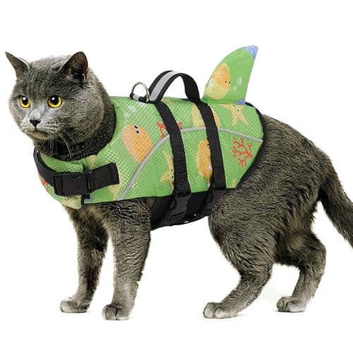 Queenmore Cat Life Vest XXS, Extra Small Dog Life Vest for Swimming and Boating, Lightweight Dog Shark Life Jacket with Rescue Handle/Leash Hook/Reflective Strips - color: 2#-GreenPrint, size: XX-Small