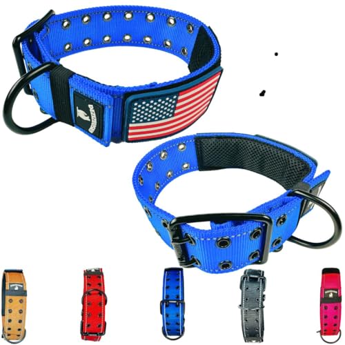 Tactical Dog Collar 2 Inch Wide Heavy Duty with Metal 2-Pin Belt Buckle for Medium, Large & XL Dogs, Thick Military-Style K9 Collar, Reflective, with Name Plate Area, USA Flag Patch, Strong & Durable - color: SM-MED BLUE BB, size: 12-20 inches