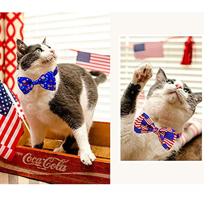 4th of July Cat Bow Tie Collar with Bell, Independence American Holiday Kitty Kitten Patriotic USA Flag Collars for Boys Girls Male Female Cats - color: Pattern 1
