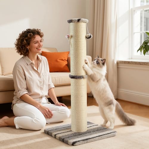 Joydeco Cat Scratching Post 34 Inches Heavy Duty and Thick Scratching Post Sisal Rope with Hanging Ball and Mice for Indoor Cats(Grey) - size: 34 inch Grey