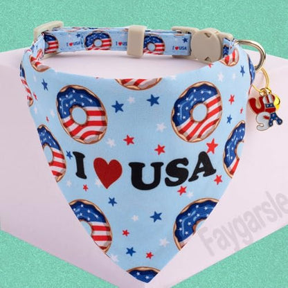 Faygarsle 2 Pack Patriotic Cat Collar Set with Bandana and Bow Tie, USA Flag Donuts Pattern, Light Blue - color: Blue Flag