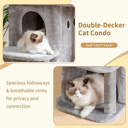 Heybly Cat Tree, 26.3-inch Cat Tower with Spacious Top Perch for Large Cats, Stair-Style Cat House Furniture with Dual-Layer Condos, Sisal Scratching Posts, Cozy Basket & Pompom, Light Gray HCT204SW - color: Light Gray, size: 26.3 Inch