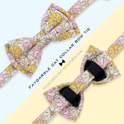 Faygarsle 2 Pack Floral Cat Collar Set with Bandana and Bow Tie, Pink and Yellow Daisy Pattern, Breakaway Safety Buckle - color: Yellow Flower