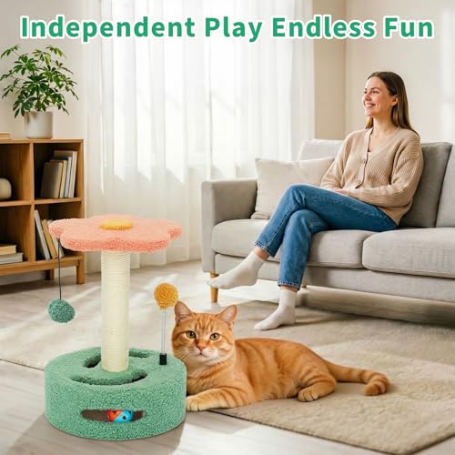 Small Cat Scratching Post 13.98" Cat Tree for Indoor Cats — Sisal Scratcher with Hanging Ball & Track Toy — Keeps Cats Happy, Helps Protect Your Furniture — Easy to Assemble