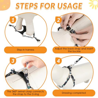 Lukovee Puppy Harness and Leash Set, No Pull Lightweight Soft Suede Adjustable Pet Harness Vest with Snap Buckle for Puppy Small and Medium Size Dog (Black-S) - color: ·Black Daisy, size: Small ( 9-17.5lb )