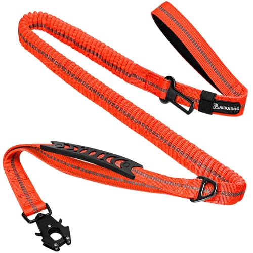 Heavy Duty Tactical Dog Leash, 4-6FT Shock Absorbing Bungee Lead with 2 Padded Handles, Metal Carabiner & Seatbelt Clip, Reflective No-Pull Leash for Medium/Large Dogs (Orange) - color: Orange