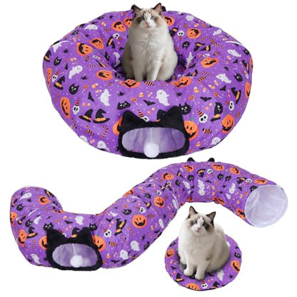 Tidjani Cat Tunnel Bed, Cat Tunnels for Indoor Cats, Foldable Pet Donut Bed with Washable Mat and Dangling Balls, Pumpkins Spider Candy Pattern, Purple Pet Tube Toys Gifts for Kitten, Puppy, Rabbit - style: Purple Pumpkin