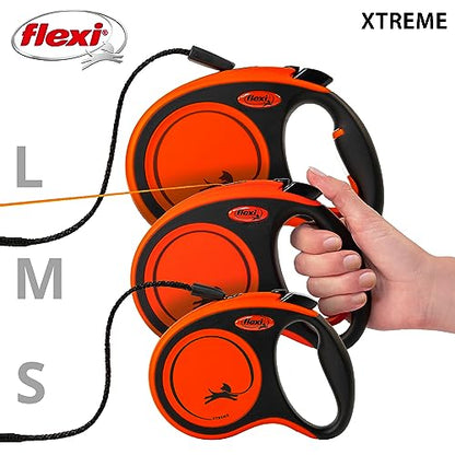 FLEXI Xtreme Tape Retractable Dog Leash for Large Dogs Upto 121 lbs. – 26 ft., Orange/Black | Tangle Free Pet Walking Leash with One-Handed Brake, Pause, Lock | German Quality Product