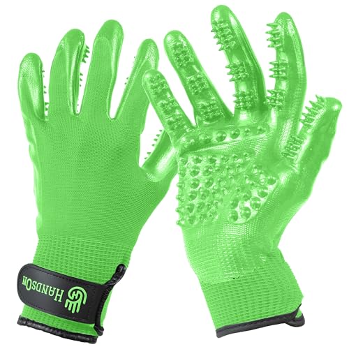 H HANDSON Pet Grooming Gloves - Patented #1 Ranked, Award Winning Shedding, Bathing, & Hair Remover Gloves - Gentle Brush for Cats, Dogs, and Horses (Mono Green, Junior) - color: Mono Green, size: Junior (1 Pair)