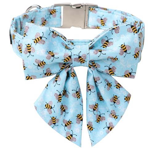 Maca Bates Blue Bee Dog Collar with Bow Bowtie for Dogs Sailor Bow Tie Adjustable Breakaway Cute Collars Accessories Gift for Small Medium Large XL Puppy with Golden Metal Buckle - color: Summer-Salior Bow-Blue Bee, size: XS