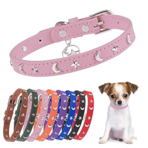 Leather Dog Collar for Small Dogs, Soft Adjustable Star Moon Rivet Studded Collars for Boy Girl Dogs, Puppy Collars with Quick Release Metal Buckle for Walking, Pink S, 11-14" Neck - color: Pink, size: Small (11"-14", Pack of 1)