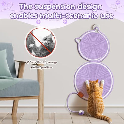 Shinylin 25.6 Inch Large Scratching Mat for Indoor Cats Natural Cotton Rope Flat Scratcher with Ear Hooks and Ball Toy Cat Scratch Rug Pad for Wall, Couch, Carpets, Sofas (Purple) - color: Purple
