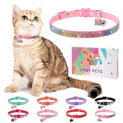 Rhinestone Cat Collar Breakaway with Bell, Diamond Cat Collar with Safety Buckle Quick Release for Girl Boy Small Kitten Pets Puppy,Cute Soft Female Male Cat Collars, Colorful Pink 8-12" - color: Rainbow Pink (1 Pack), size: 8"-12" Cats / Mini Dogs
