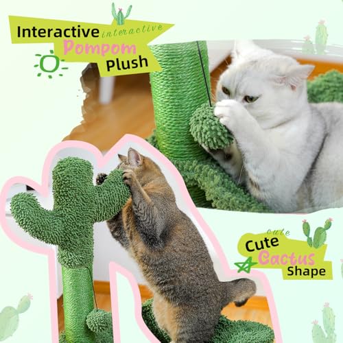 PAWZ Road Cactus Cat Tree, 33 Inchs Cat Tower with Cat Self Groomer, Soft Hammock and Fully Wrapped Sisal Scratching Post for Indoor Cats