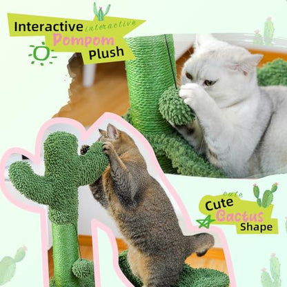 PAWZ Road Cactus Cat Tree, 33 Inchs Cat Tower with Cat Self Groomer, Soft Hammock and Fully Wrapped Sisal Scratching Post for Indoor Cats