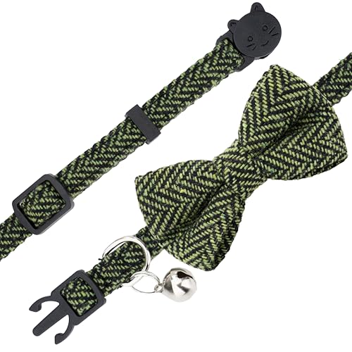 Cat Collar Breakaway Bowtie Safety with Bell Adjustbale Kitten Puppy Solid Plaid Color Set P-[2pcs] Xmas Green & Red - color: P-[2pcs] Xmas Green & Red
