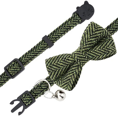 Cat Collar Breakaway Bowtie Safety with Bell Adjustbale Kitten Puppy Solid Plaid Color Set P-[2pcs] Xmas Green & Red - color: P-[2pcs] Xmas Green & Red