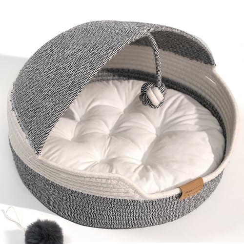 Cat Basket Bed with Washable Cushion and Ball Rope Cotton, Covered Pet Bed for Indoor Cats Cave Bed Hooded, Stimulicat Cat Bed Handwoven Breathable, All Season Universal(Blue) - color: Blue