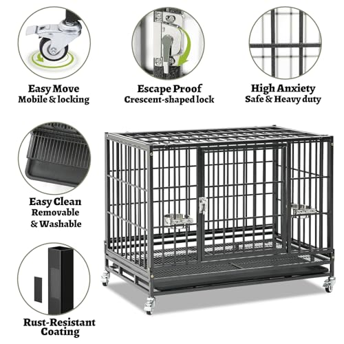 Heavy Duty Dog Crate 36 Inch, Stackable Dog Crate Cage Kennel for Breeders & Groomers, Drop Cages for Medium Dogs with 4 Wheels, 2 Bowls, Easy to Clean Grids & Tray - size: 36"L x 22.5"W x 29"H