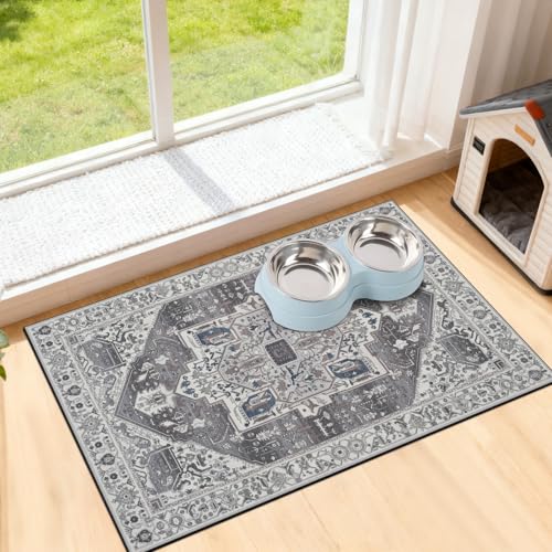 famibay Dog Food Mat, Absorbent Cat Dog Mats for Food and Water, No Stains Quick Dry Pet Cat Bowl Mats with Non Slip Backing, Boho Pet Feeding Mat for Floor Waterproof 12"x20" - color: Vintage Grey, size: S(12"×20")