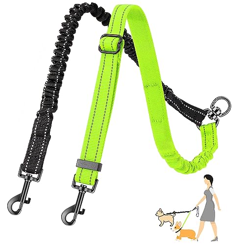 AUTOWT Two Dog Lead, 2 in 1 Upgraded Double Dog Leash Attachment Combine Adjustable Strap and Shock Absorbing Bungee No Tangle Dual Training Splitter for Different Size Dogs - color: Green - Small