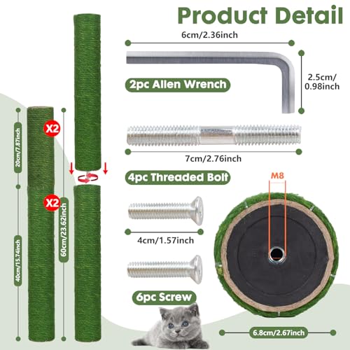 PowerKing Natural Sisal Replacement Scratching Post, 4 Pieces M8 Cat Scratch Post Refill Pole Parts for Refurbishment, White, Include Screws (Green-15.7''+15.7''+7.87''+7.87'') - color: Green, size: 15.7''+15.7''+7.87''+7.87'' (2.67''Thick)