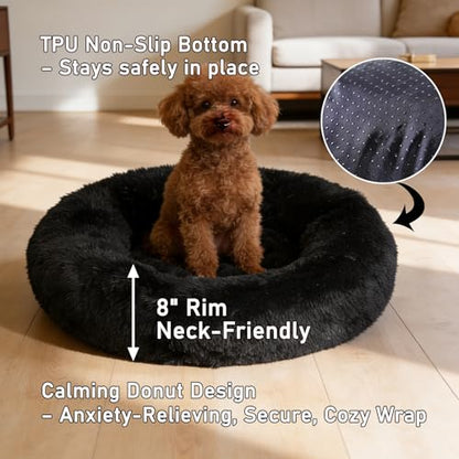 Calming Donut Dog Beds for Small Dogs Kitten - Washable Removable Cover Non-Slip Bottom, Round Pet Bed Puppy Bed Warming Fluffy Faux Fur Anti-Anxiety, Fits up to 15 lbs (Black, 20") - color: Black, size: 20"L x 20"W x 8"Th