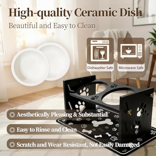 2026 New Elevated Cat Bowls with Food Mat, Adjustable Height & Angle Raised Cat & Dog Bowls Stand for Food and Water, Cat or Small Dog Feeding Station, 2 Ceramic Bowls for Cats and Puppy(Black Wood) - color: black