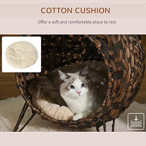 PawHut 20.5" Weaved Cat Bed, Elevated Hand-Woven Braided Banana Leaf Kitten House Condo with Cushion, Brown - color: Brown