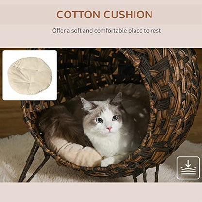 PawHut 20.5" Weaved Cat Bed, Elevated Hand-Woven Braided Banana Leaf Kitten House Condo with Cushion, Brown - color: Brown