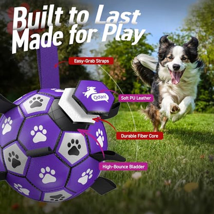 QDAN Dog Toys Soccer Ball with Straps - Dog Water Toy, Puppy Birthday Gifts, Durable Dog Balls for Small Medium Dogs （6 Inch） - color: Purple White, size: 6 Inch