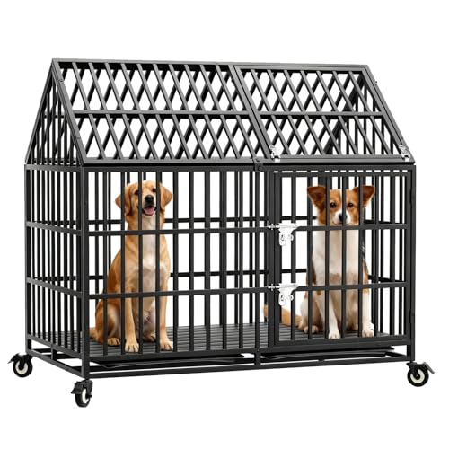 50 inch Heavy Duty Dog Crate with 4 Wheels, Indestructible Escape-Proof Dog Kennel Double Door, High Anxiety Large XXL Cage Indoor with 2 Removable Trays, Max Load Capacity 300lbs - size: 49.2"L x 29.7"W x 46.3"H