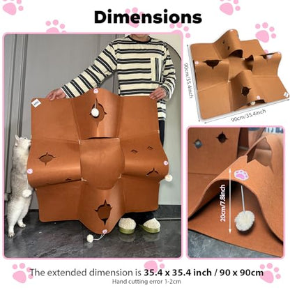 Interactive Cat Tunnel Mat for Indoor Cats, 4-Way Felt Cat Cave with Hanging Ball, Foldable Kitty Play Mat and Hideout, Pet Enrichment Toy for Kittens, Rabbits, Small Pets - color: Brown