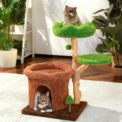32-Inch Multi-Level Cat Tree Tower, Natural Wooden Cat Furniture with Sisal Scratching Posts, Beds & Condo, Cute Cat Tree for Indoor Cats, Multi-Cat Householdsolds - color: Green